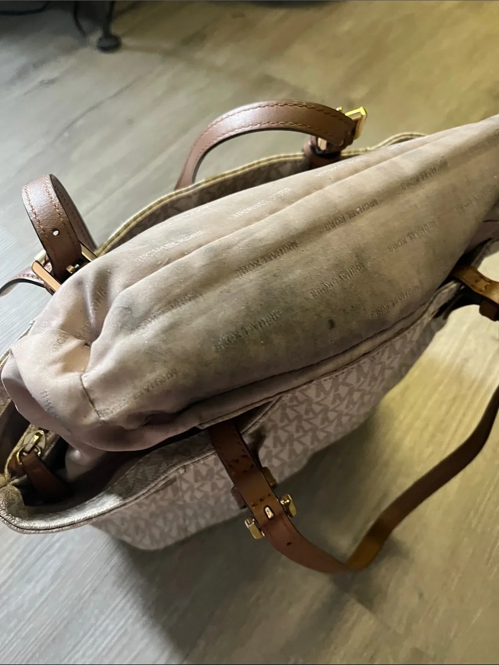 Michael Kors Cream MK Signature Tote with Brown Leather Straps